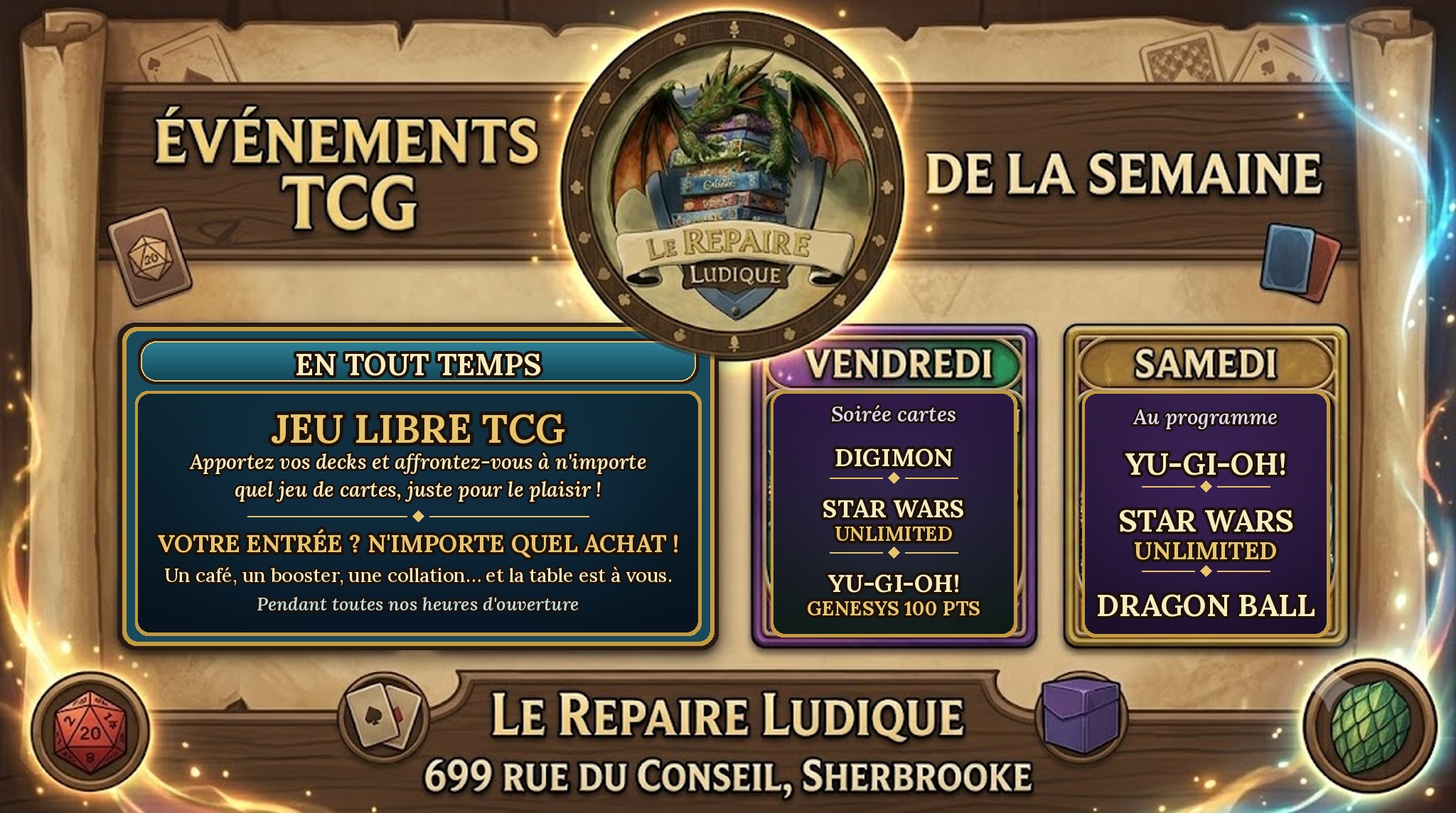 Horaire des événements TCG du Repaire Ludique